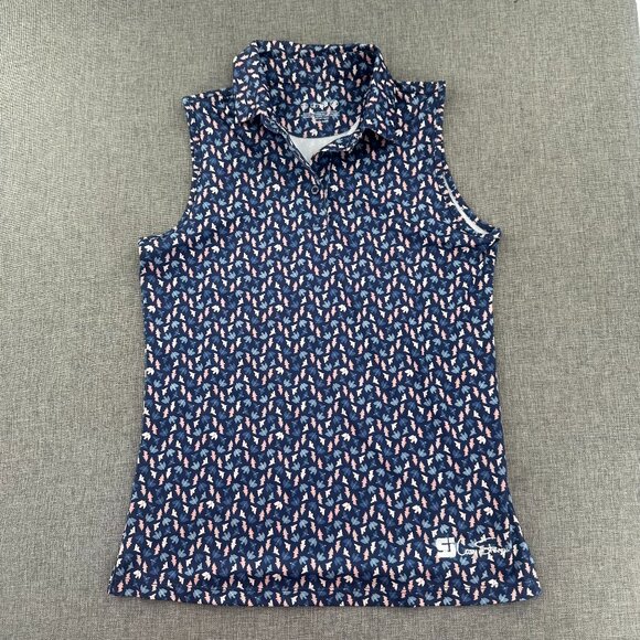 Coby Stevens Womens Golf Tank top Collared Medium Birds Print Blue‎ Peach - Picture 1 of 10